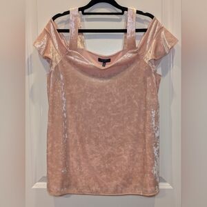 Kaari Blue Pink Crushed Velvet Cold Shoulder Top Ruffle Sleeve Medium Soft